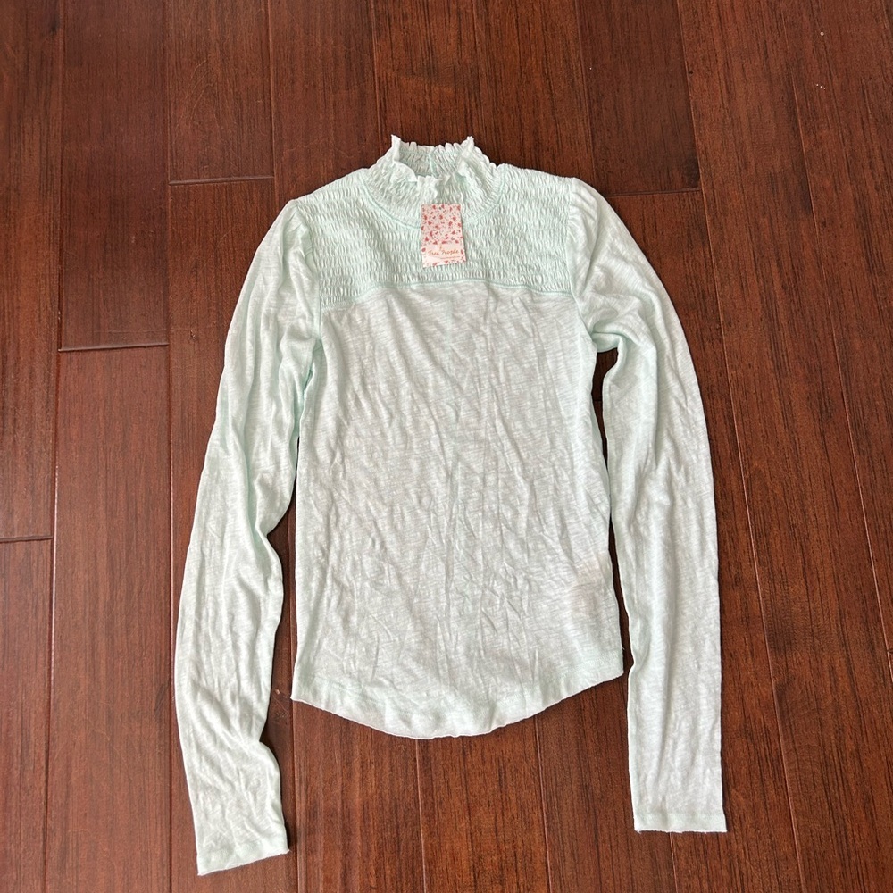 NWT Free People Caroline Smocked Turtleneck Top Iced Aqua Size Medium Brand new